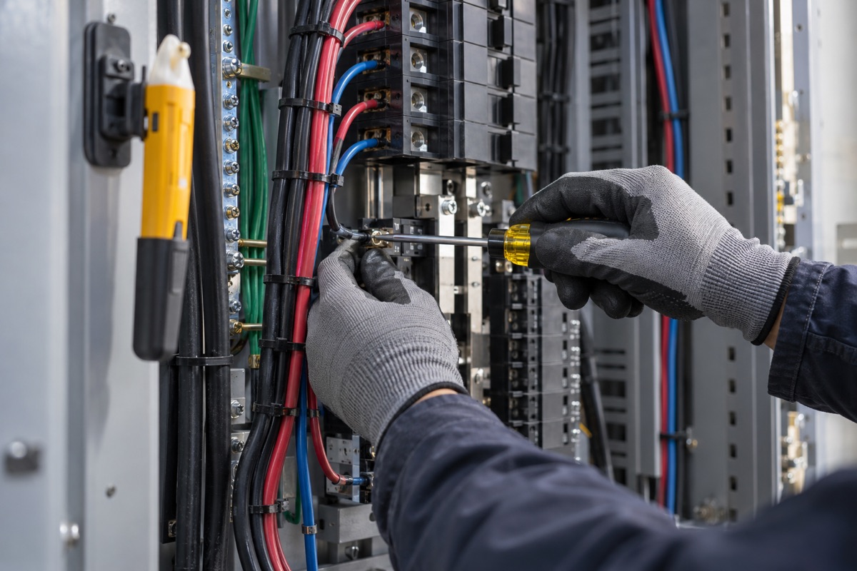 An electrician working in a commercial panel