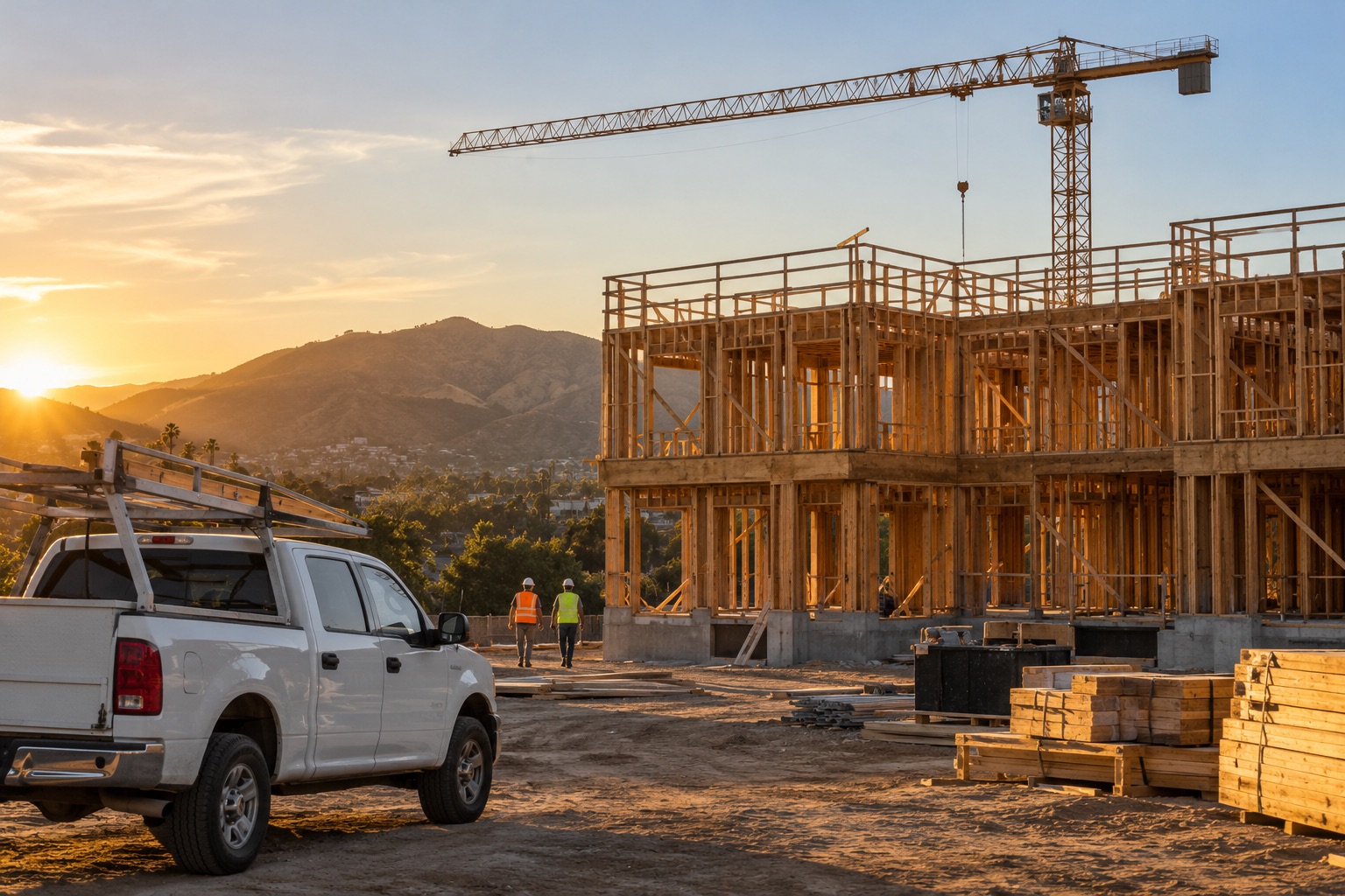 A commercial job site at golden hour, wood framing and a crane