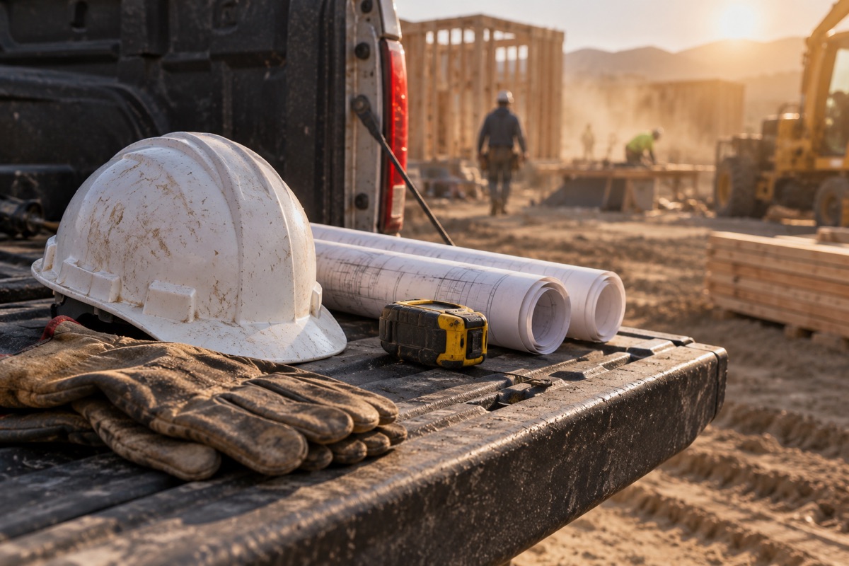 A hard hat, gloves and rolled plans on a truck tailgate